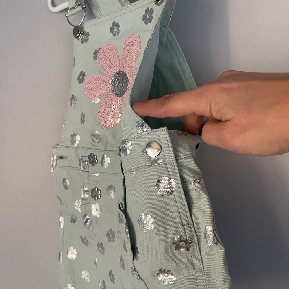 Little Lass Blue Denim Overall Roper Flower Size 5 Light Teal Pink - Picture 3 of 6